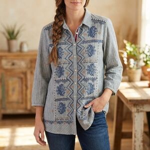Johnny Was 3J Workshop Womens XL Cotton Button Front Shirt Blue/Embroidery Boho